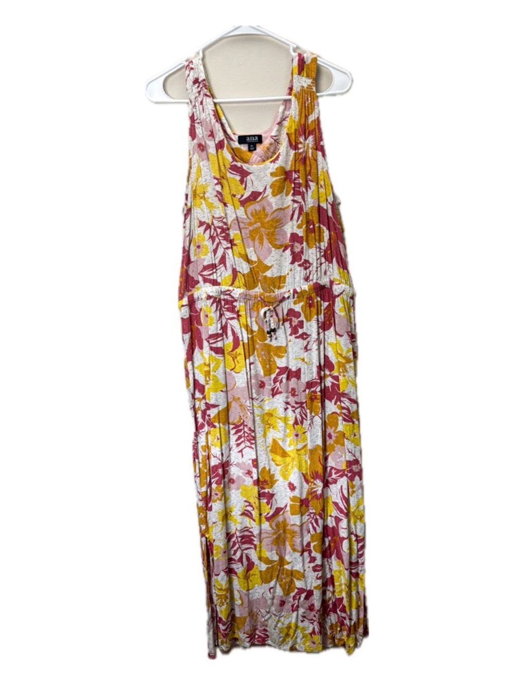 ANA Floral Midi Dress Rayon Sleeveless Tie Waist Boho Pink Yellow Size M